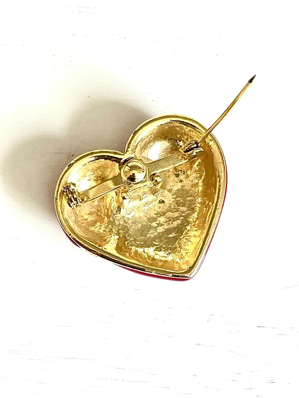 Vintage 1980s Red Enamel Puffy Heart Rhinestone Brooch Pin Domed Romantic Glam